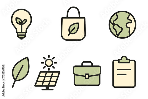 Minimalist eco living and sustainable business icons, vector cartoon set with light bulb sprout, reusable bag, earth globe, green leaf, solar panel, briefcase, clipboard, clean background