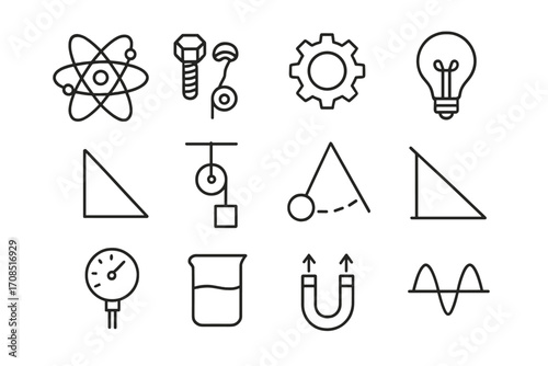 Minimalist physics and engineering icon set with simple black line design, vector cartoon illustration, transparent background, ordered set, science, mechanics, energy symbols
