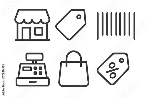 Minimalist shopping icons set with storefront, price tag, barcode, cash register, shopping bag, and sale discount symbol, vector cartoon illustration, transparent background, ordered collection