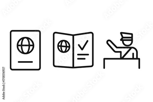 Minimalist travel icons set with passport, visa, customs checkpoint, global travel symbols, vector cartoon illustration, transparent background, ordered set for tourism and immigration