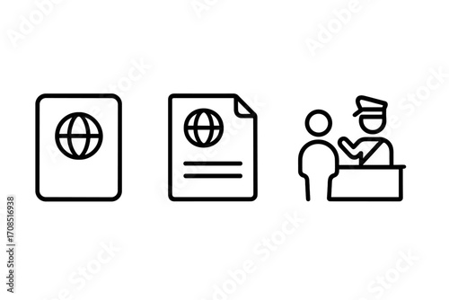 Minimalist travel icons set with passport visa customs, vector cartoon illustration for global travel documents security and border control transparent background
