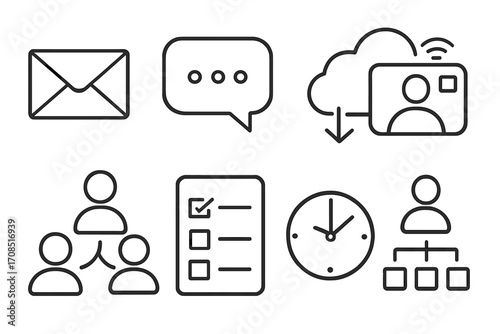Modern communication and workflow icons in simple linear design with email, chat, cloud storage, teamwork, checklist, clock, and organizational structure symbols, vector cartoon illustration
