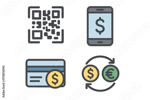 Modern digital payment icons set with QR code, mobile banking, credit card, currency exchange symbols, flat vector cartoon illustration, transparent background, online finance