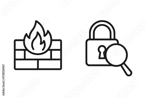 Network security icons firewall protection and secured lock with magnifying glass search discovery symbols in linear style, vector cartoon illustration transparent background set
