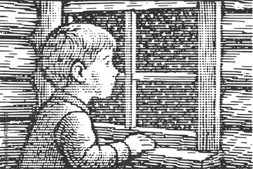 Quiet contemplation as a child gazes from a window. Retro woodcut and dot art style print, a nostalgic monochrome piece for peaceful home decor.