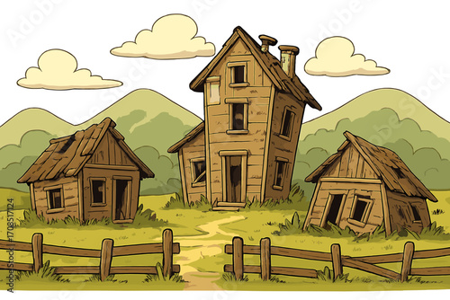 Abandoned run-down houses in rustic rural landscape with wooden fence, green hills background, old broken wooden buildings, countryside decay cartoon vector illustration