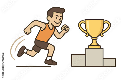 Runner making progress towards golden trophy symbolizing achievement, success, victory in competition, athletic challenge, motivation, goal, sport championship concept vector cartoon illustration
