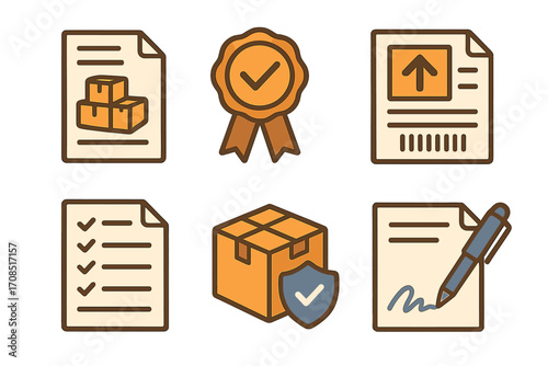 Shipping documents icons set including waybill, customs seal, shipping label, packing slip, cargo insurance, delivery signature, logistics, shipment tracking, vector cartoon illustration