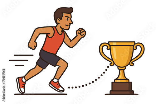 Motivated runner racing towards a golden trophy symbolizing achievement, success, victory, and competition. Cartoon vector illustration with dynamic motion and determination in sports.
