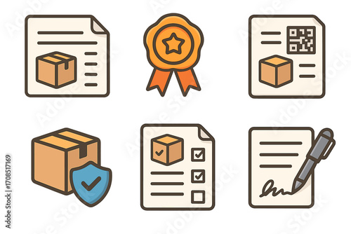 Shipping documents icons set with waybill, customs seal, shipping label, packing slip, cargo insurance, delivery signature, logistics and delivery vector cartoon illustration