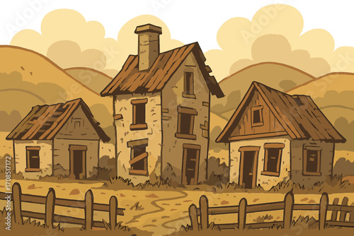 Abandoned run-down houses in rural landscape with wooden fence and hills, rustic broken architecture, weathered village homes, countryside decay, vector cartoon illustration