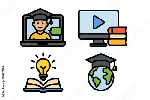 Simple icons for online education and e-learning platforms, vector cartoon illustration set with laptop student, video lessons, knowledge lightbulb, and global graduation cap, transparent background