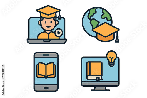 Simple icons for online education and e-learning platforms, vector cartoon illustrations set with graduation cap, digital learning, mobile book, and computer knowledge concept