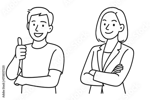Positive and confident people line art illustration, casual man giving thumbs up, professional woman with crossed arms, simple black outline vector cartoon, transparent background