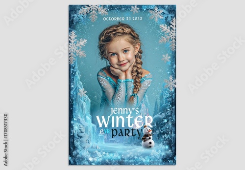 Frozen Birthday Party Invitation Flyer Template with Snowflake Overlays & Winter Frost Border Mockup