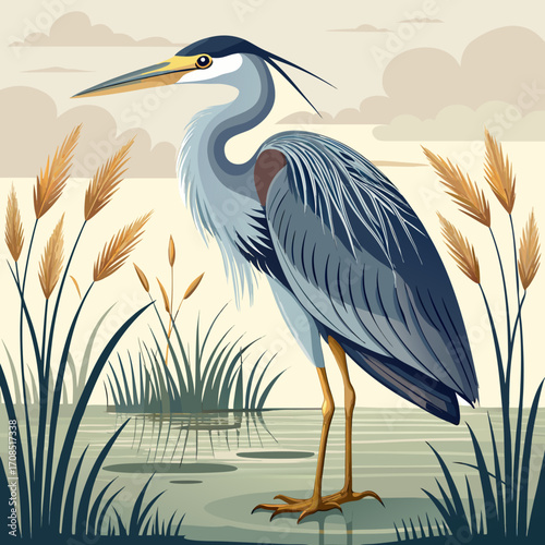 Bog Heron Bird Vector in Wetland Nature Scene, Bog Heron Vector, Heron in Swamp Illustration, Wetland Bird Drawing