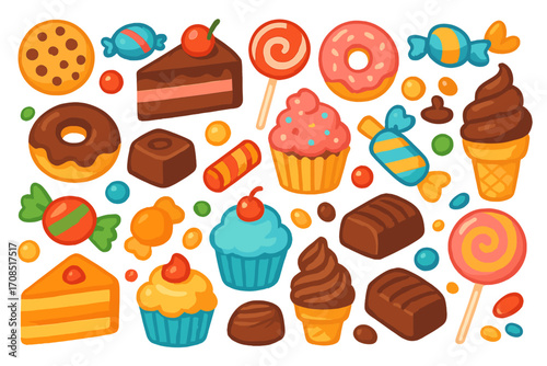Variety of delicious confections in colorful vector flat illustration showcasing candies, cupcakes, donuts, chocolates, cake slices, ice cream cones for sweet lovers, desserts and treats collection