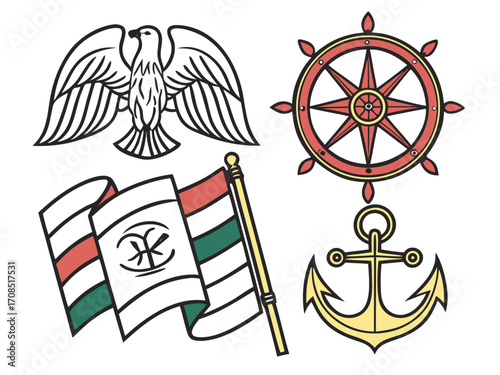 A nautical vector set with pirate ship illustration, vintage compass, and old captain's wheel icons for a 3d travel design