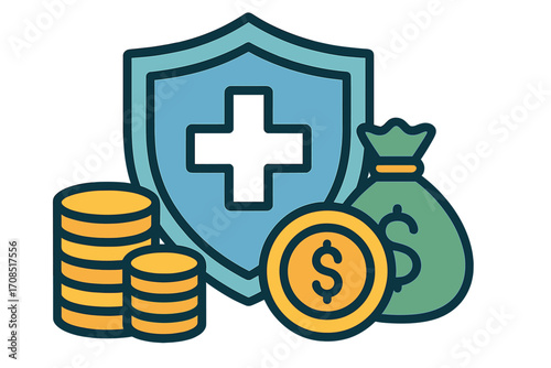 Health insurance concept vector flat illustration with protective shield, dollar coins and money bag, financial security, medical coverage, healthcare finance, white background