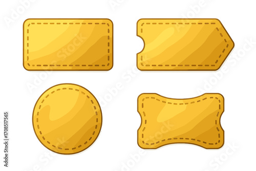 Various shiny gold coupon shapes collection, promotional discounts, sale tags, gift vouchers, special offer tickets, shiny metallic labels, vector cartoon illustration with transparent background