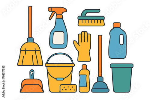 Vector flat illustration of cleaning tools and supplies arranged in a neat layout for effective household cleaning and organization, mop, bucket, gloves, spray bottle, dustpan, brush, detergent