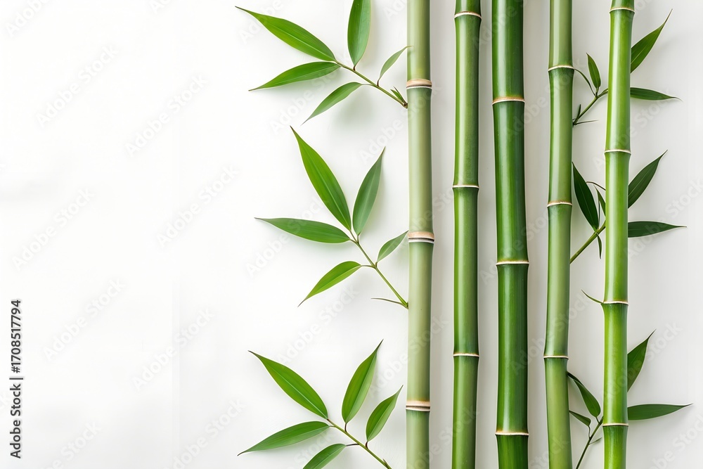 Naklejka premium Green Bamboo Stalks and Leaves on White Background