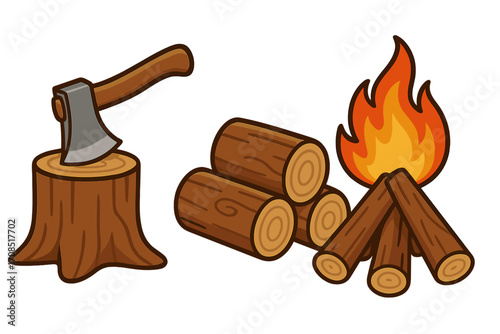 Wood chopping axe on tree stump with stacked firewood and campfire burning logs, outdoor woodworking essentials, camping, survival, vector cartoon illustration