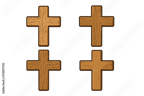 Wooden cross icon set, flat sign vector cartoon illustration with transparent background, religious Christian symbol, rustic wood texture design elements in order