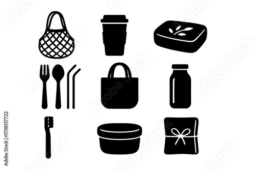 Zero waste lifestyle icons set featuring plastic-free essentials in minimalist silhouette style, eco-friendly cartoon vector illustration with transparent background, sustainable living symbols