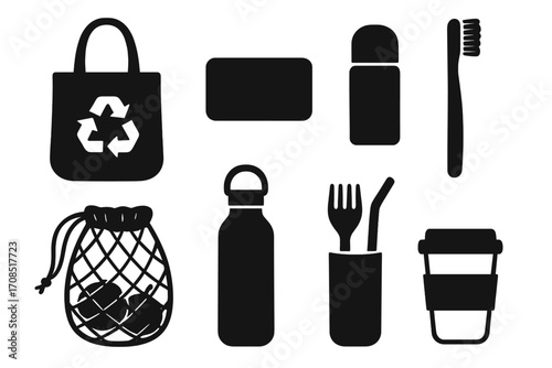 Zero waste icons set, plastic-free essentials collection in minimalist silhouette style, reusable eco-friendly items vector illustration with transparent background, sustainability concept