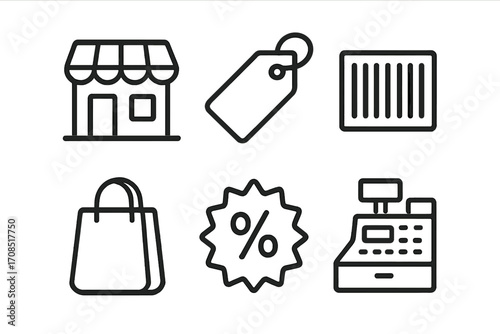 Minimalist shopping icons set with store, price tag, barcode, cash register, shopping bag, and sale discount label, vector cartoon illustration with transparent background for retail and commerce