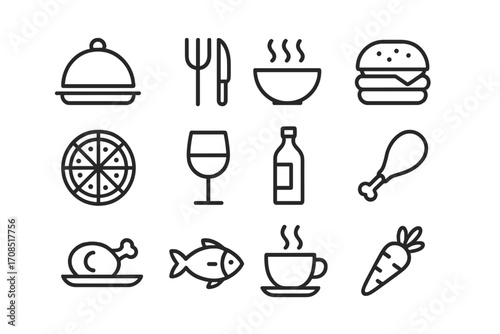 Minimalist restaurant menu icons set in black line style featuring food, dining themes, pizza, burger, drinks, utensils, and hot coffee, cartoon vector illustration