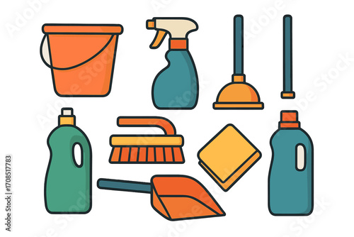 Vector flat illustration of cleaning tools and supplies for effective household cleaning and organization, including bucket, spray bottle, plunger, scrub brush, sponge, detergent bottles, and dustpan