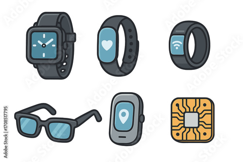 Smart wearables collection with smartwatch, fitness band, smart ring, digital glasses, activity tracker, microchip technology icons, vector cartoon design, transparent background illustration