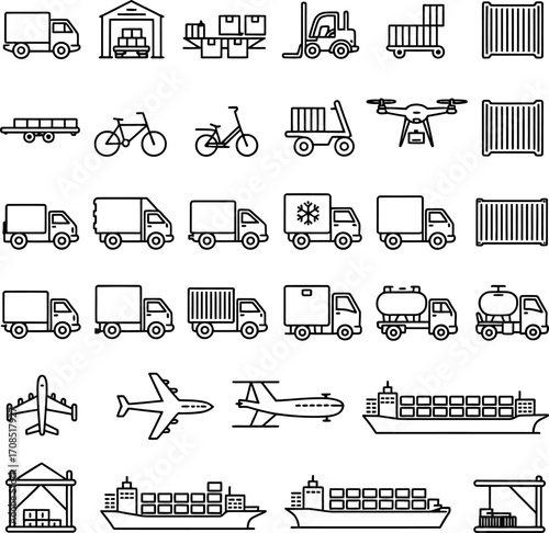 Collection of black and white line art icons for logistics and transportation delivery shipping