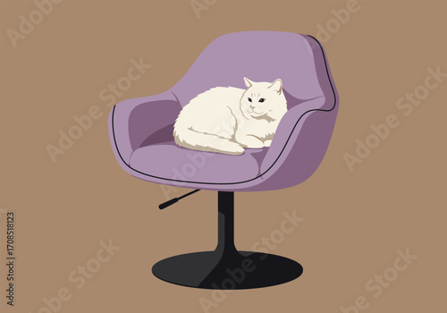 A serene white cat is curled up comfortably on a stylish purple chair, its soft fur contrasting with the chairs smooth surface, creating a cozy and inviting scene of relaxation and peace