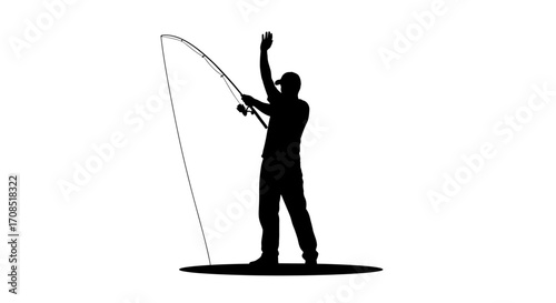 Excited fisherman celebrating a big catch with rod raised high, pure joy of outdoor sport