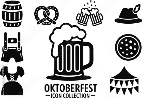 Oktoberfest icon collection with beer mug, pretzel, beer mugs cheers, Bavarian hat, barrel, lederhosen, dirndl, sausage, and festival tent