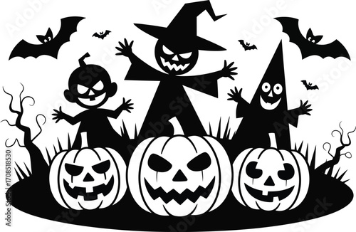 Spooky Halloween scene with grinning pumpkins, a scarecrow, and flying bats