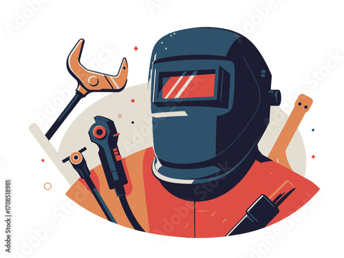Illustration of a Welder with Welding Mask and Equipment on a White Circular Background in transparent Background
