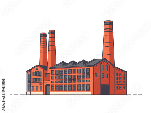 Detailed Brick Factory Illustration with Tall Chimneys and Geometric Design on a Transparent transparent Background