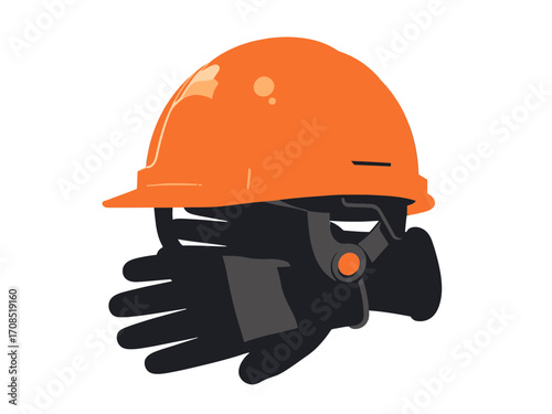 Construction Worker Hard Hat and Gloves on transparent Background Illustration Safety Gear Orange Helmet