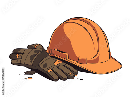 Pixel Art of an Orange Construction Hard Hat and Dirty Gloves Isolated on transparent Background
