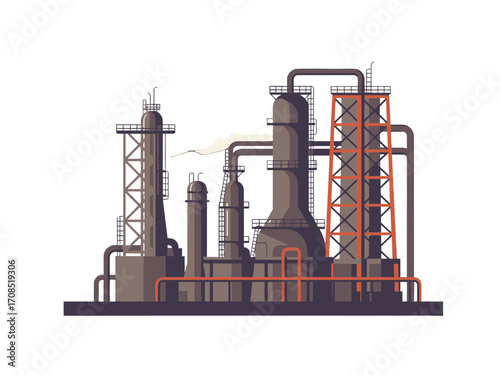 Illustration of Chemical Plant Against transparent Background with Towers Pipes and Support Structure in Brown and Orange Colors in Simple Flat Style