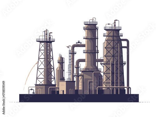 Monochromatic Oil Refinery Pixel Art Against transparent Background With Tower Structures and Intricate Piping System in Vector Isolated
