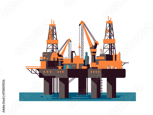 Detailed Orange and Gray Oil Rig on Blue Water Against transparent Background Pixelated Style Isolated