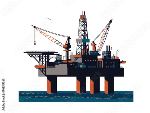 Pixel Art Oil Rig Platform in Dark Blue Water Against transparent Background Isolated