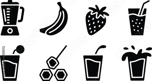 Healthy smoothie ingredients and preparation icons for a refreshing drink