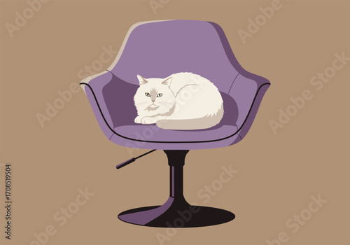 A serene white cat is curled up comfortably on a stylish purple chair, its soft fur contrasting with the chairs smooth surface, creating a cozy and inviting scene of relaxation and peace