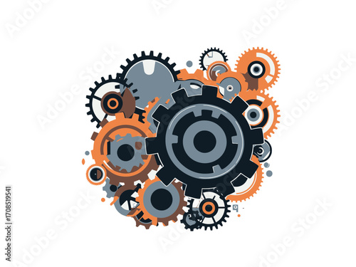 Illustration of Interlocking Gears in Shades of Blue Orange Gray on transparent Background